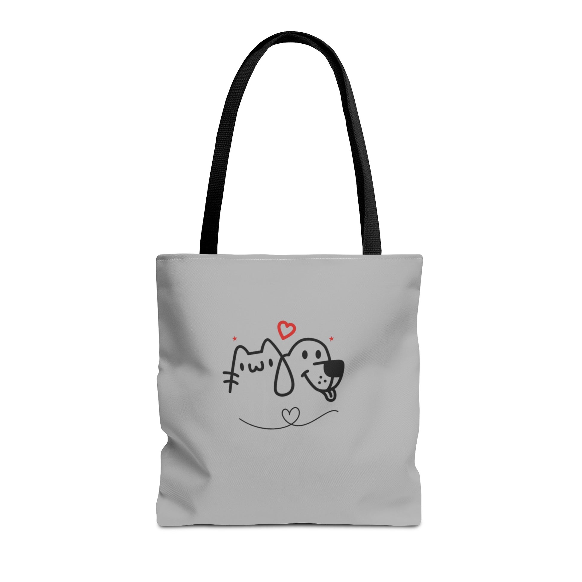 Printify cute puppy tote bag with black handles and adorable dog and cat line art design