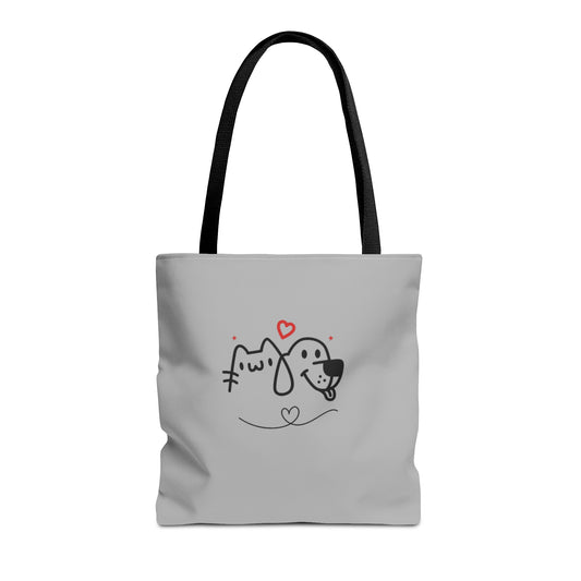 Printify cute puppy tote bag with black handles and adorable dog and cat line art design