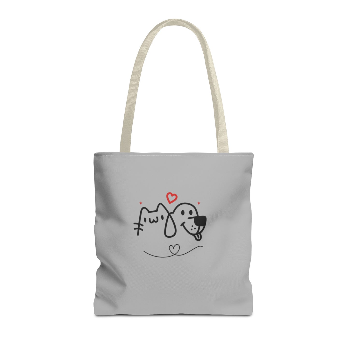 Printify cute puppy tote bag with simple dog and cat line art design on light gray canvas