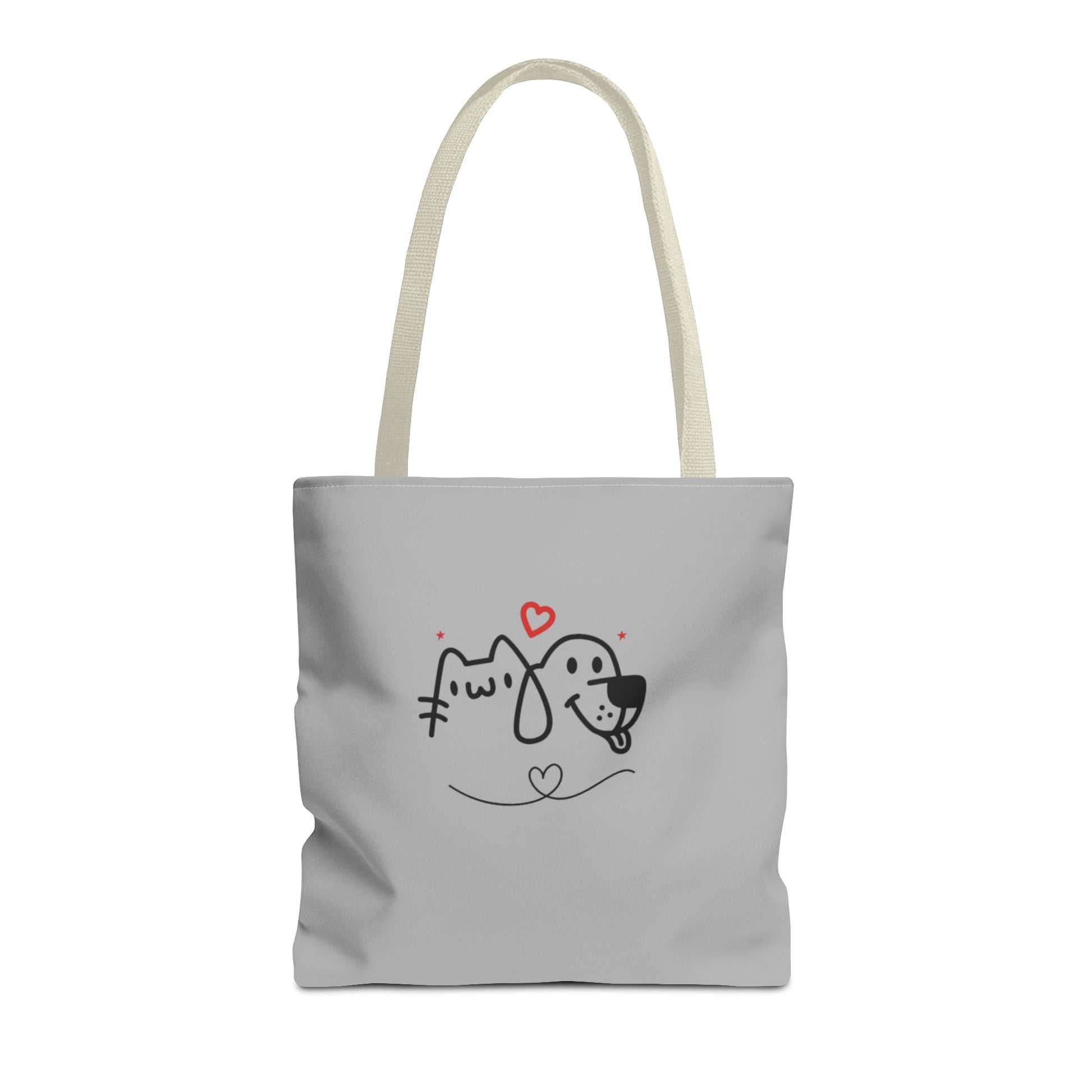 Printify cute puppy tote bag with simple dog and cat line art design on light gray canvas