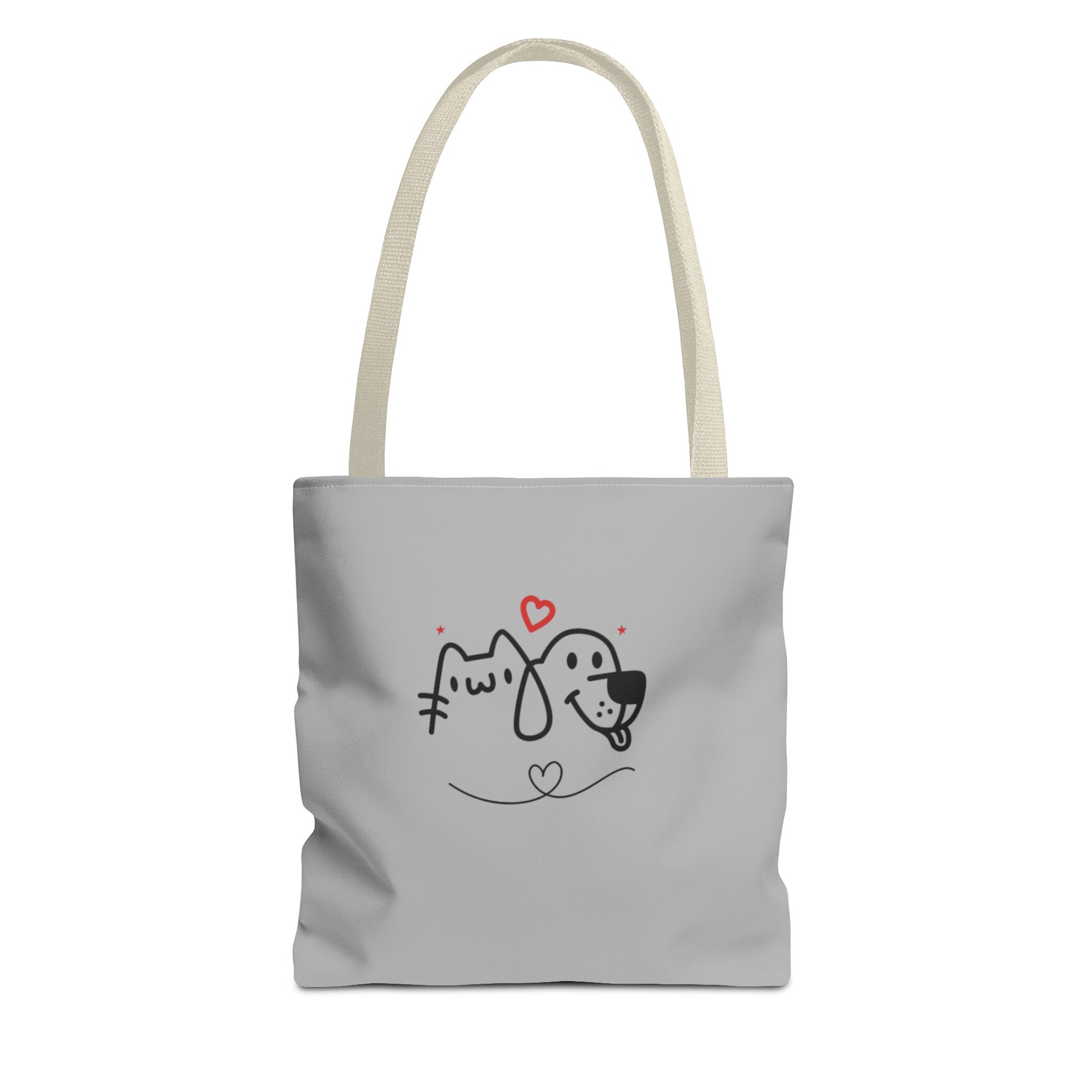 Printify cute puppy tote bag with simple dog and cat line art design and red heart accents