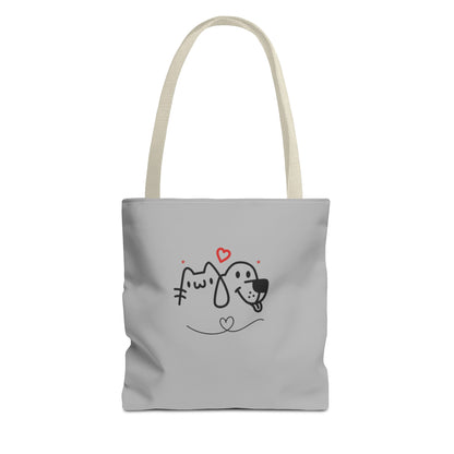Printify cute puppy tote bag with simple dog and cat line art design and red heart accents