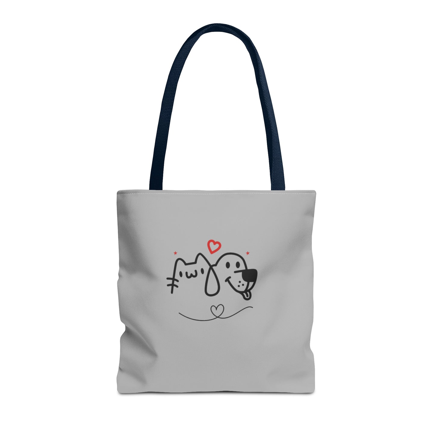 Printify cute puppy tote bag with cartoon dog and cat design on white fabric and black handles