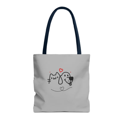 Printify cute puppy tote bag with cartoon dog and cat design on white fabric and black handles