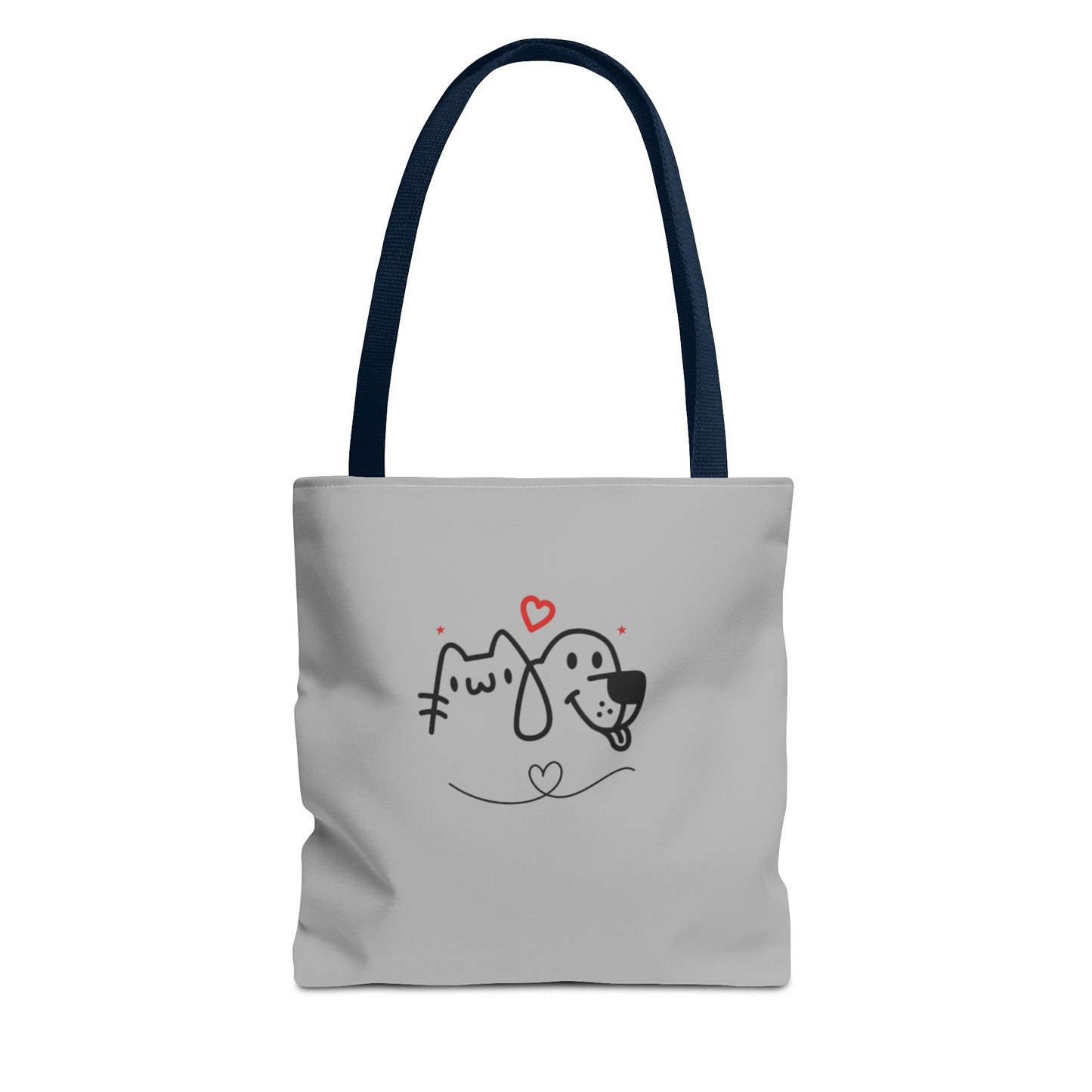 Gray cute puppy tote bag with black handles featuring a simple cartoon cat and dog design