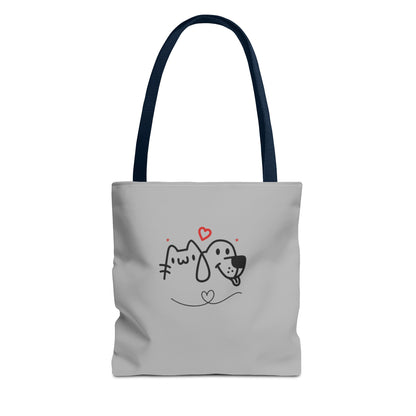 Gray cute puppy tote bag with black handles featuring a simple cartoon cat and dog design