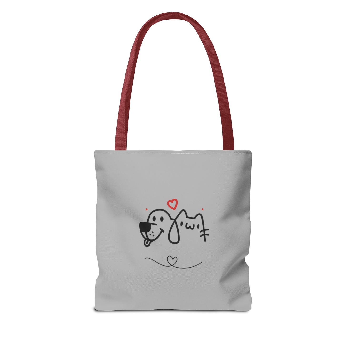 Printify cute puppy tote bag with red handles and simple dog and cat illustration on gray background