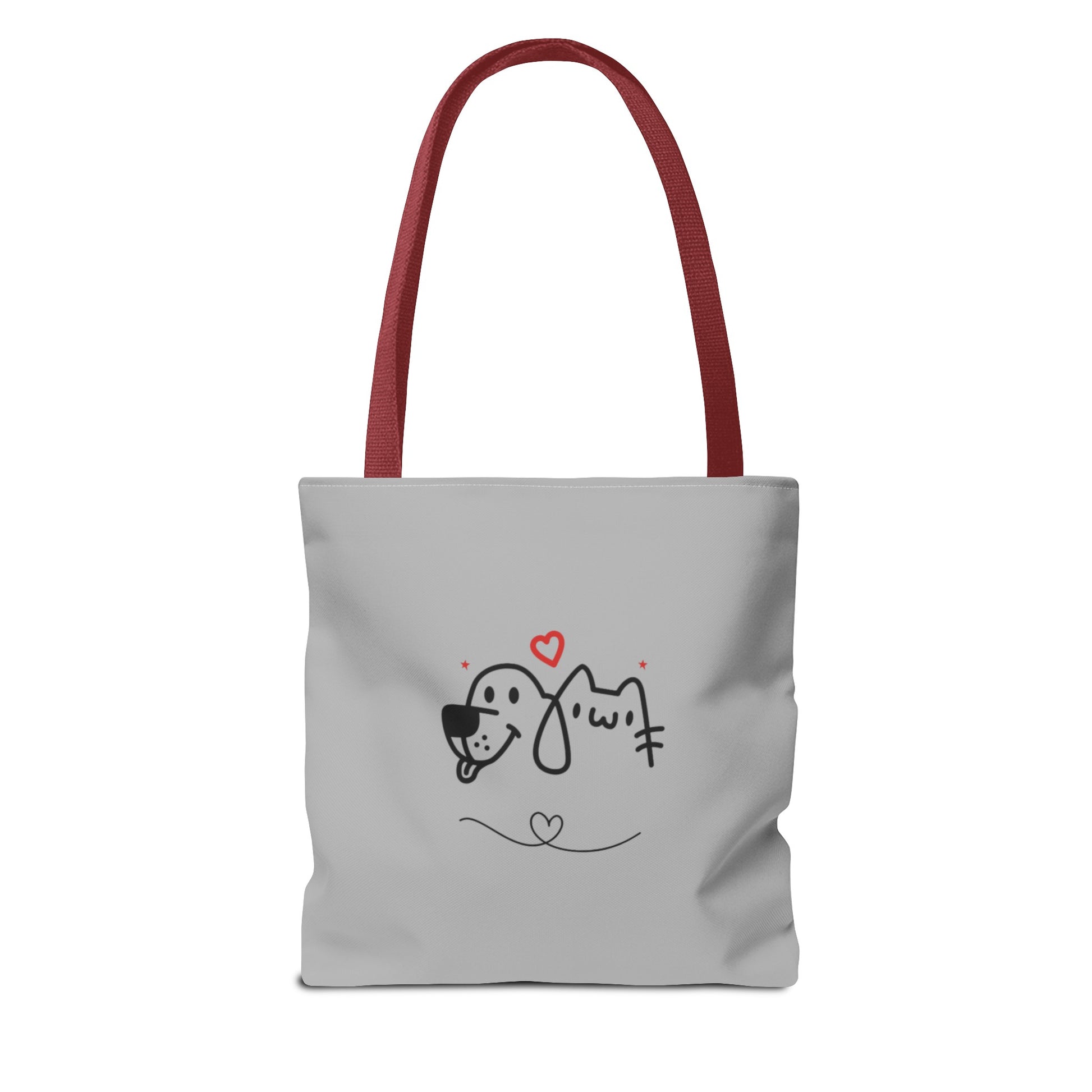 Printify cute puppy tote bag with red handles and simple dog and cat illustration on gray background