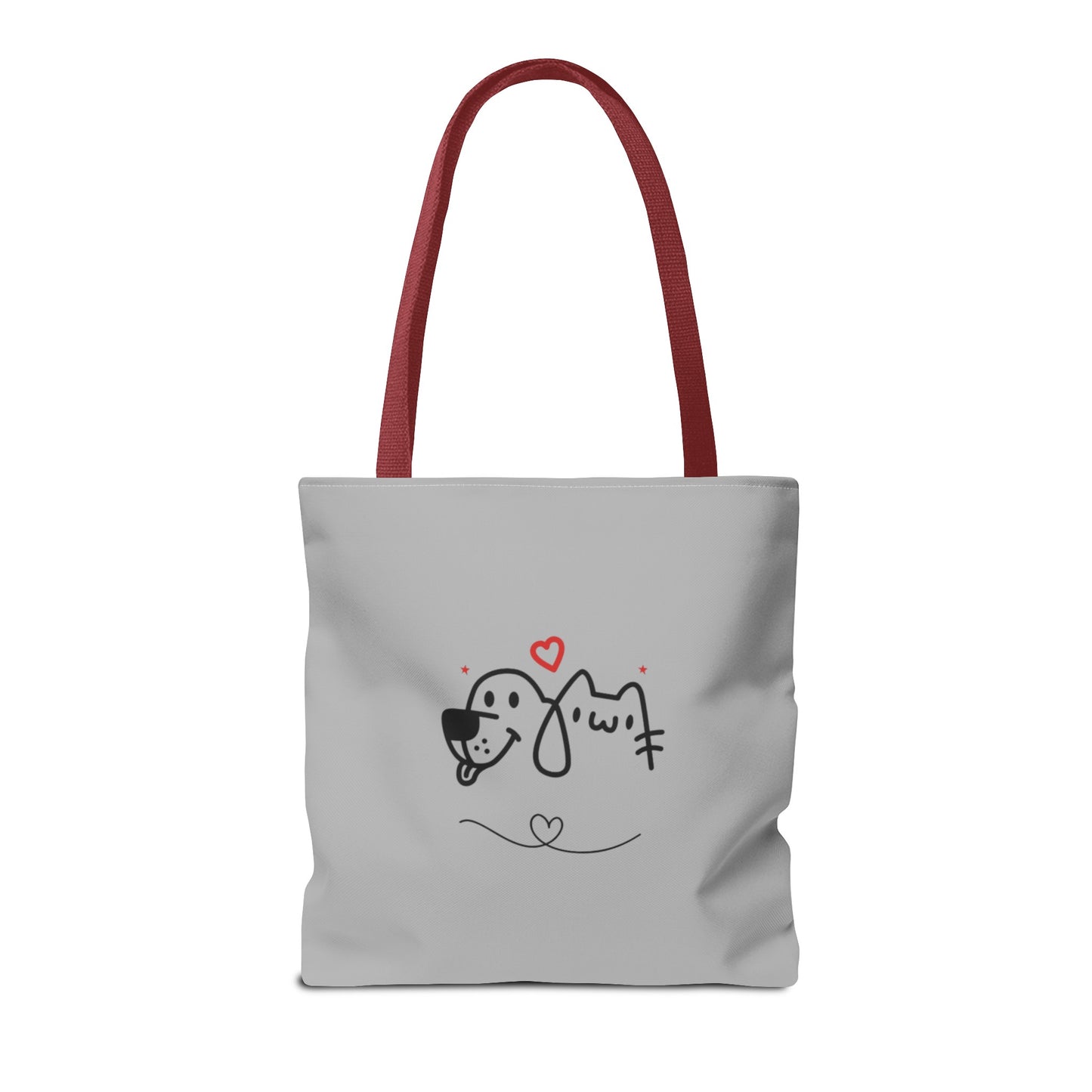 Printify cute puppy tote bag with simple dog and cat line art and red handles