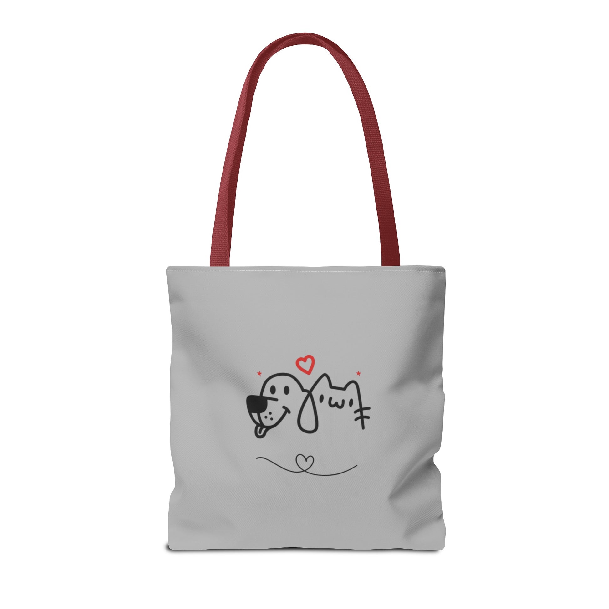 Printify cute puppy tote bag with simple dog and cat line art and red handles