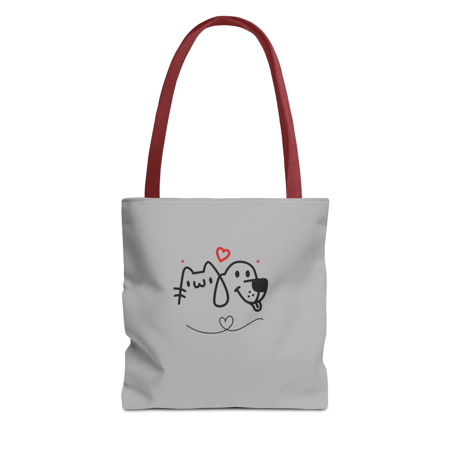 Printify cute puppy tote bag with red handles and simple dog and cat line art design