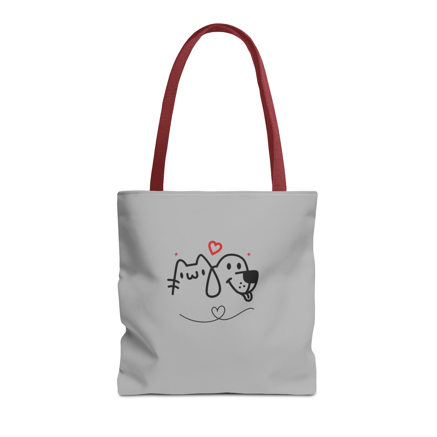 Printify cute puppy tote bag with red handles and black and white dog and cat design on light gray background