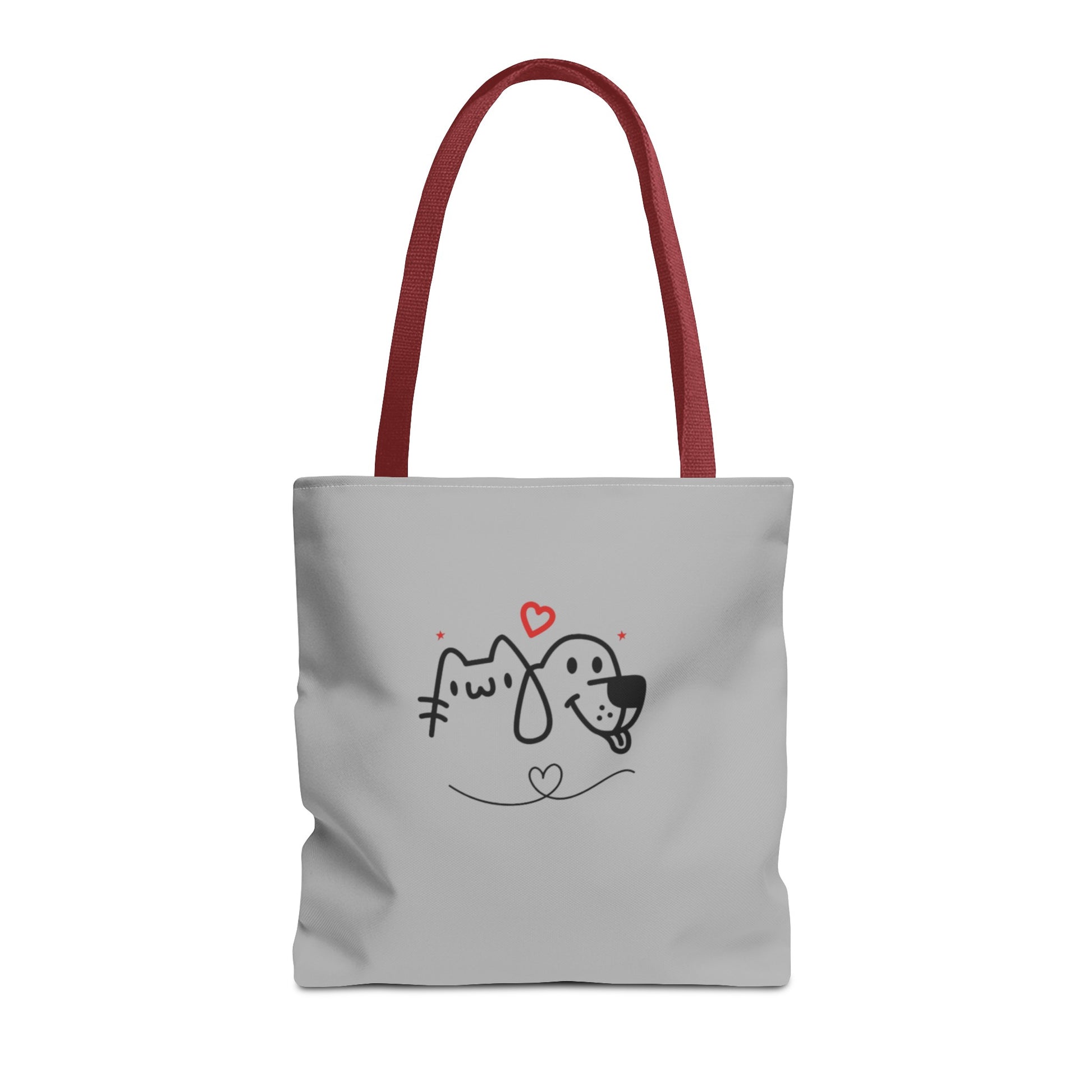 Printify cute puppy tote bag with red handles and black and white dog and cat design on light gray background