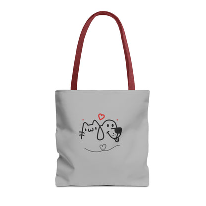 Printify cute puppy tote bag with red handles and black and white dog and cat design on light gray background