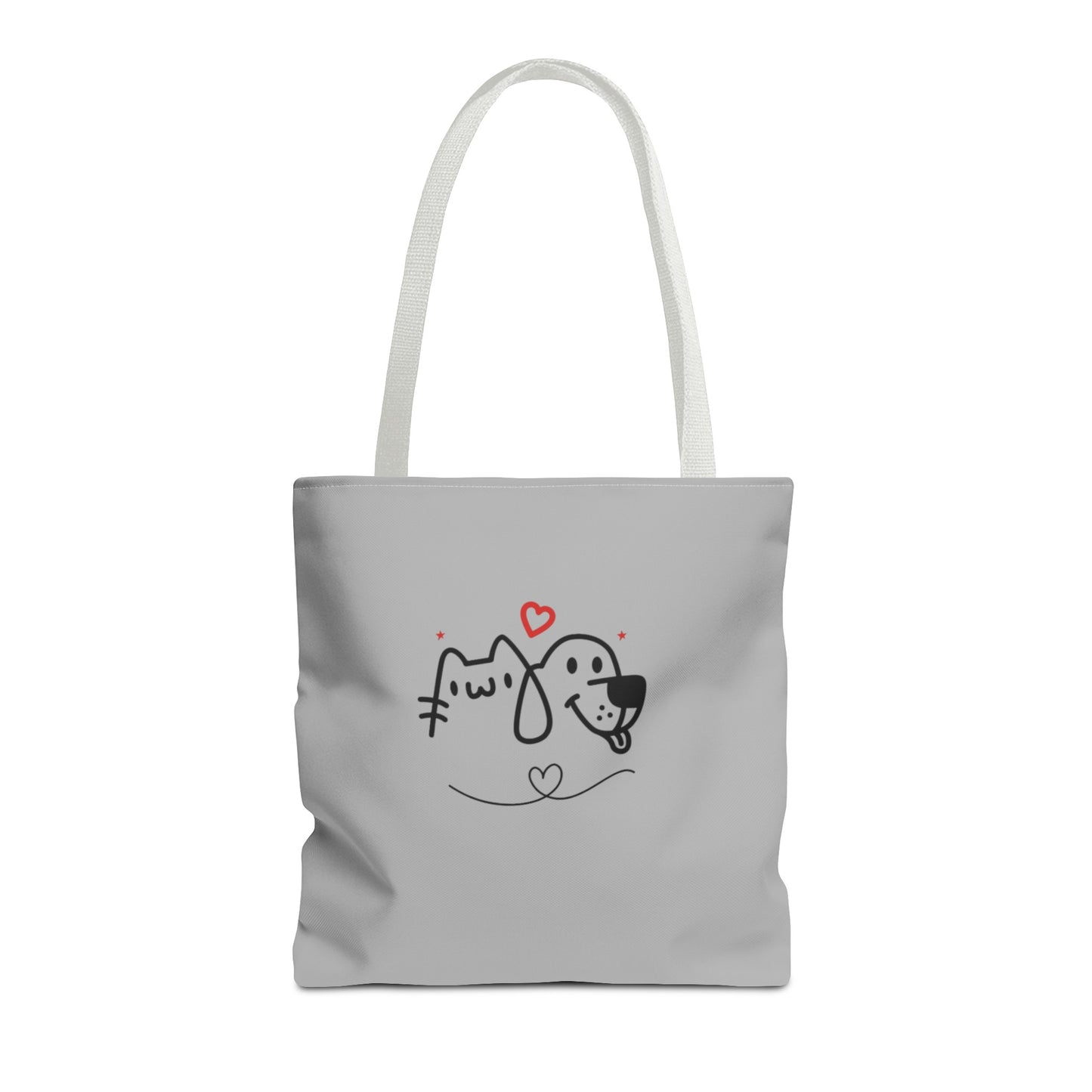 Gray cute puppy tote bag with simple black dog and cat illustration and red heart accents