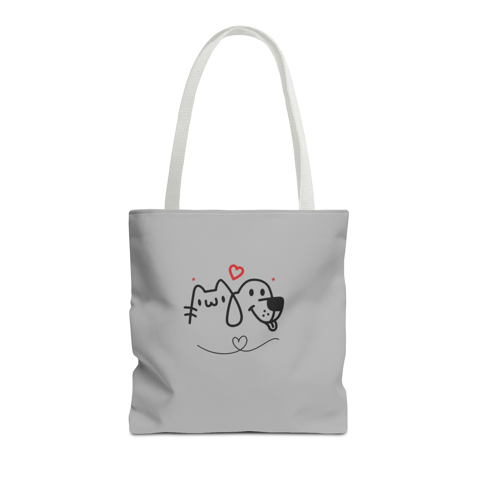 Gray cute puppy tote bag with simple black dog and cat illustration and red heart accents