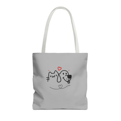 Gray cute puppy tote bag with simple black dog and cat illustration and red heart accents