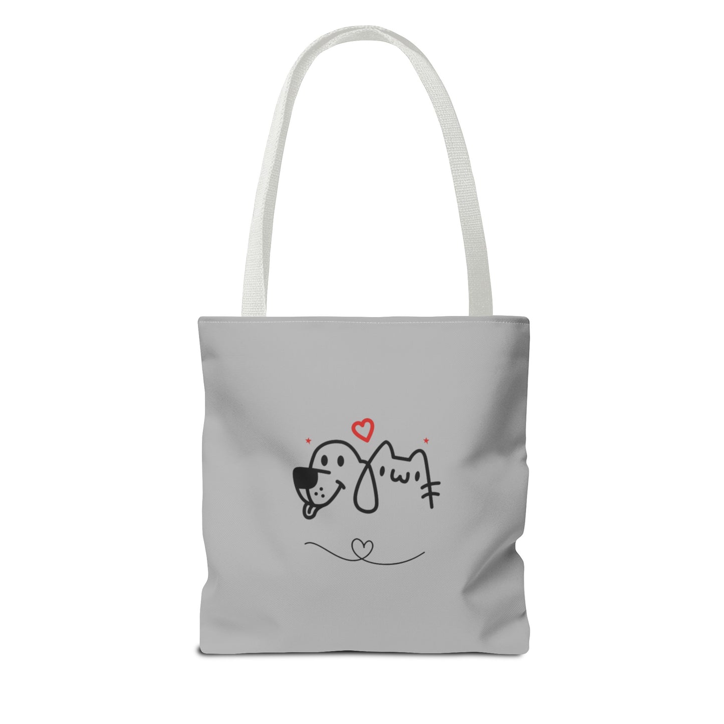 Printify gray tote bag with cute puppy tote bag design featuring dog and cat faces with hearts