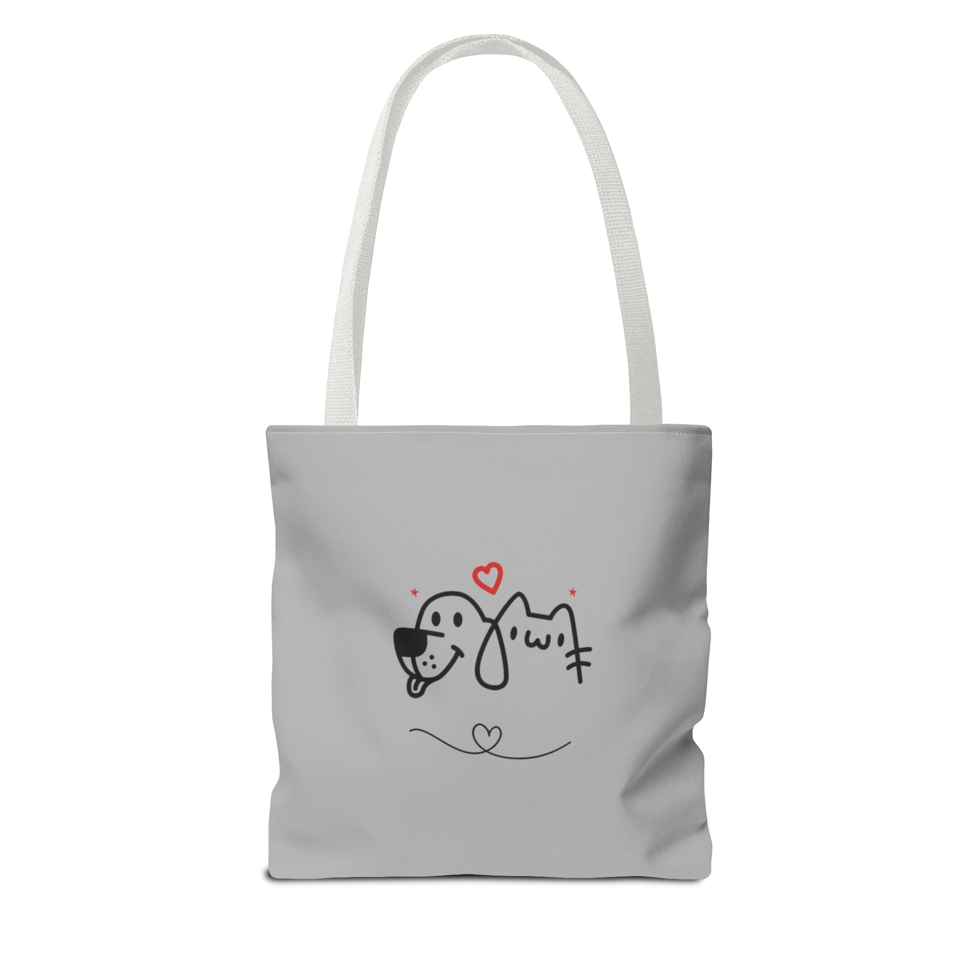 Printify gray tote bag with cute puppy tote bag design featuring dog and cat faces with hearts