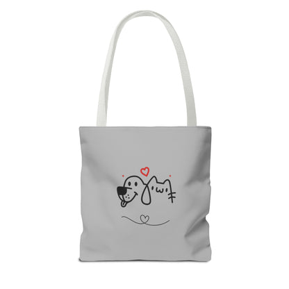 Printify gray tote bag with cute puppy tote bag design featuring dog and cat faces with hearts