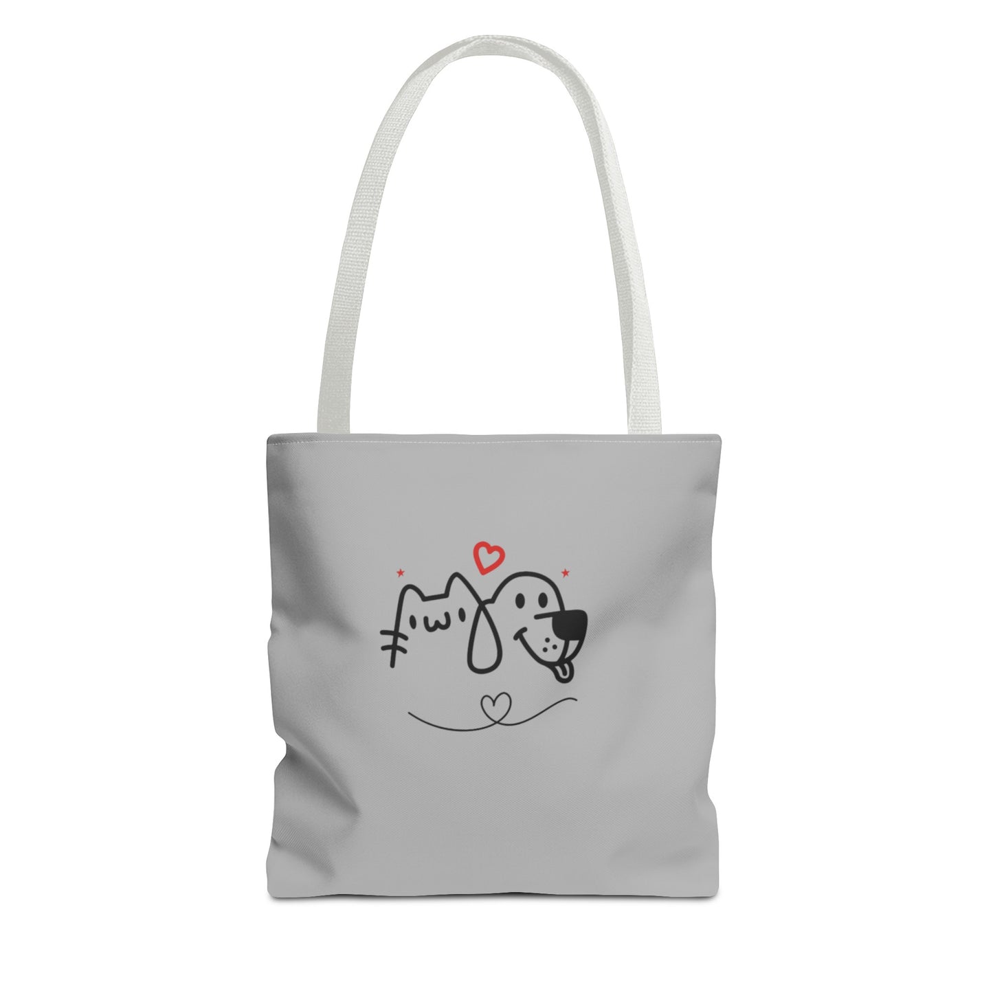Printify cute puppy tote bag with simple black and red dog and cat illustration on gray background