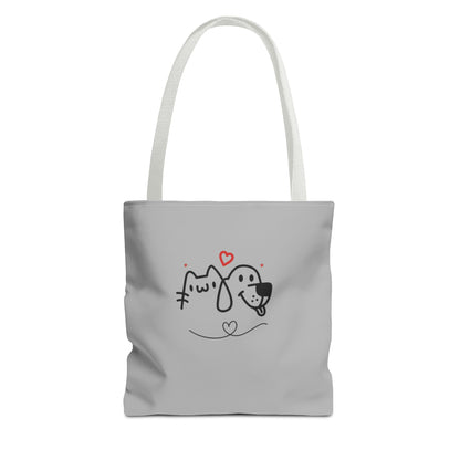 Printify cute puppy tote bag with simple black and red dog and cat illustration on gray background