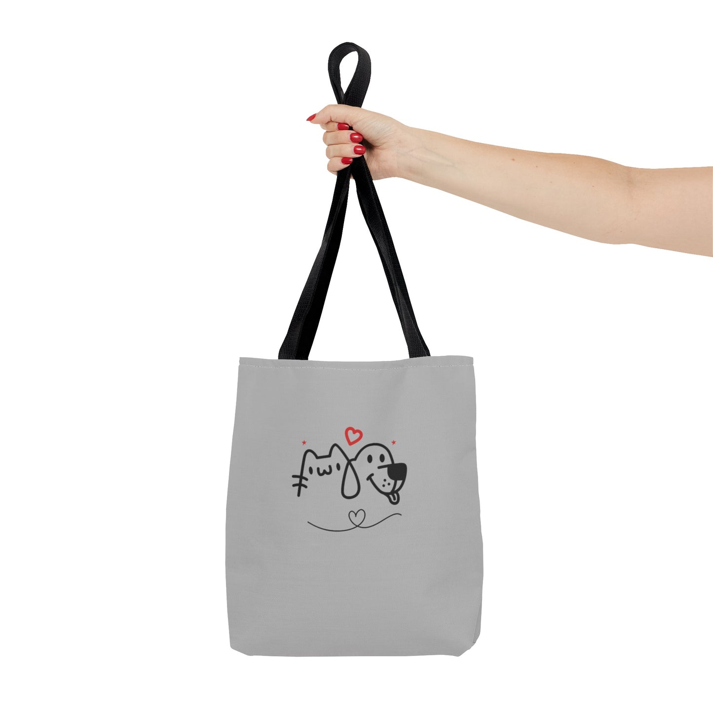 Printify cute puppy tote bag with black handles and simple dog and cat illustration