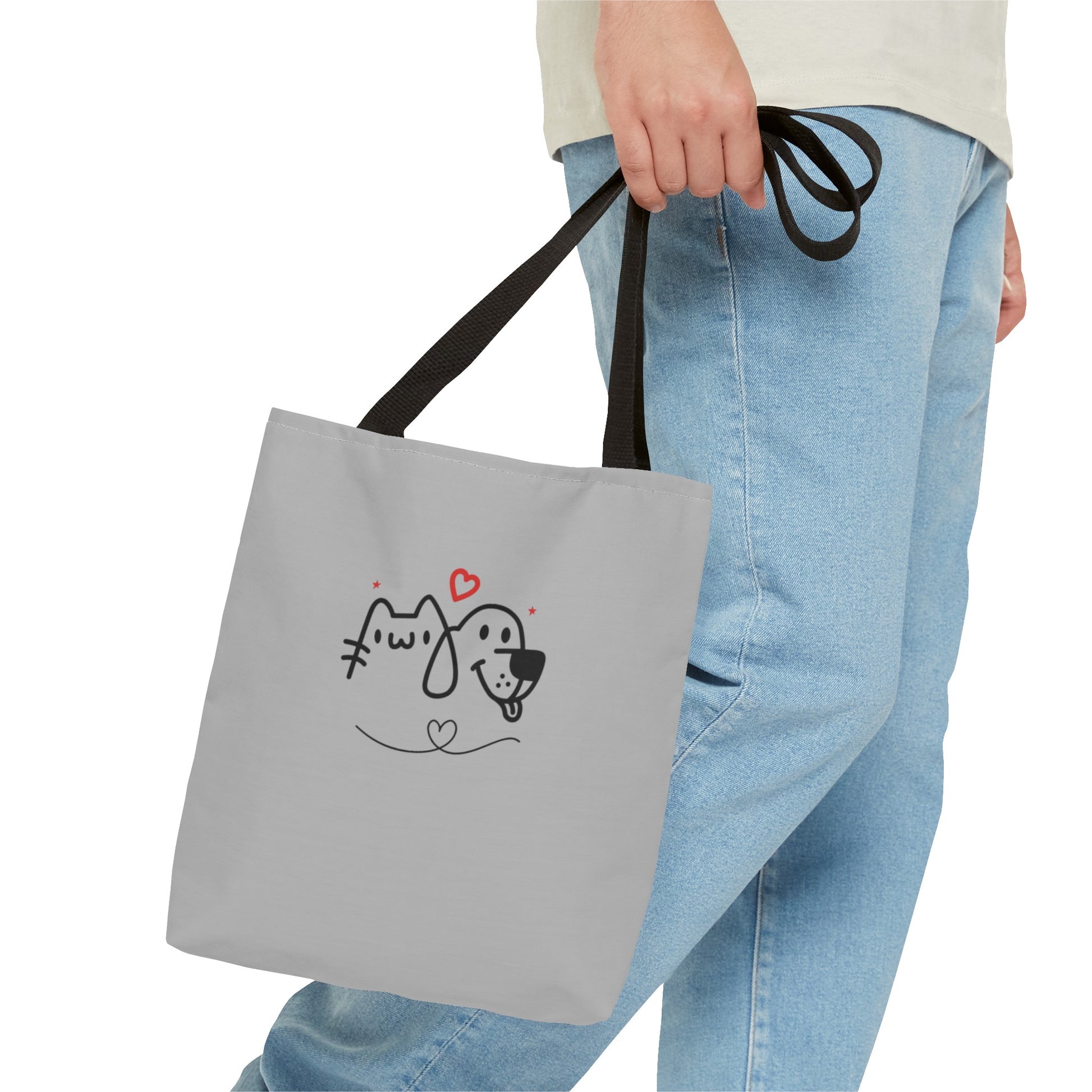Gray cute puppy tote bag with black handles featuring a simple dog and cat drawing with red hearts
