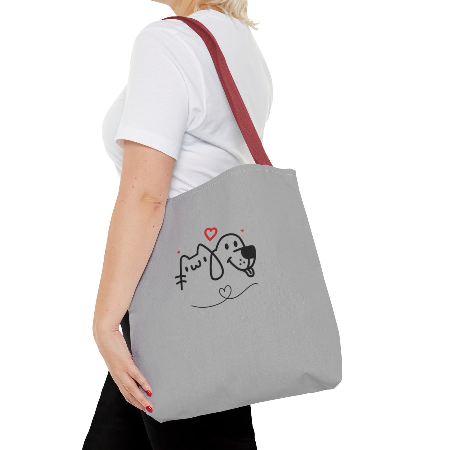 Printify cute puppy tote bag with a simple dog and cat design, gray fabric and red strap