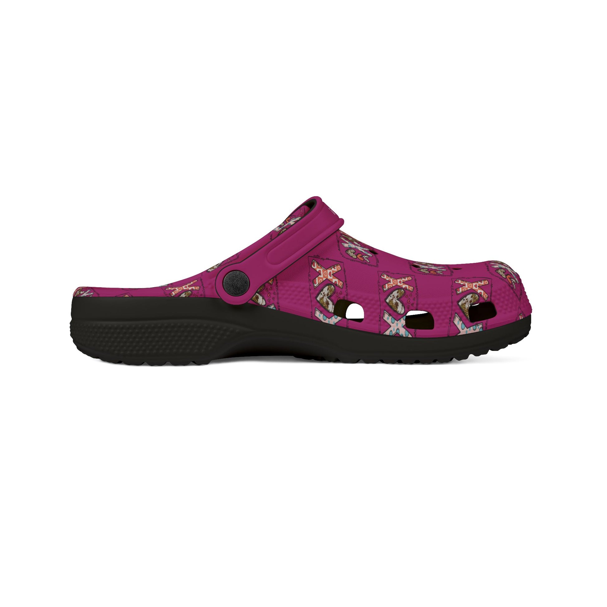 Printify cute rubber clogs for women in purple with black soles and decorative patterns