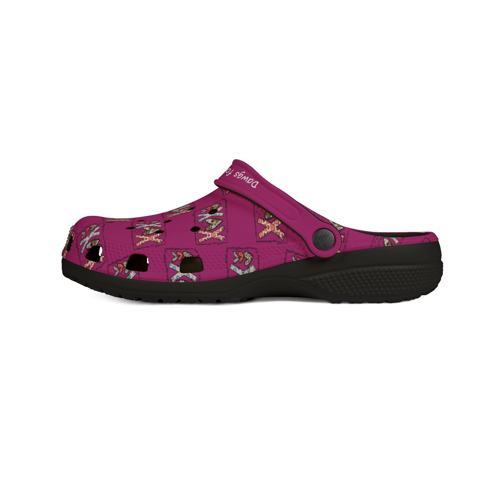 Printify cute rubber clogs for women in purple with black sole and cartoon pattern