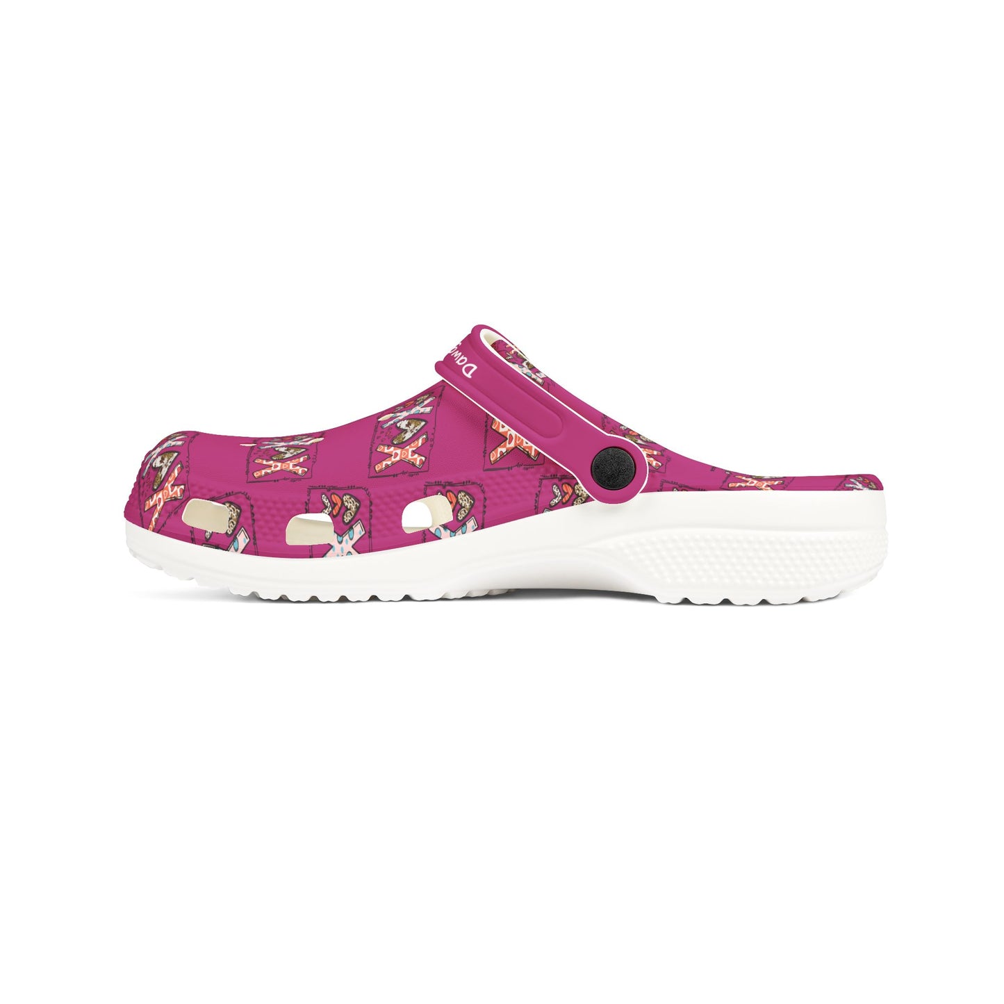 Printify cute rubber clogs for women in pink with decorative patterns and white sole