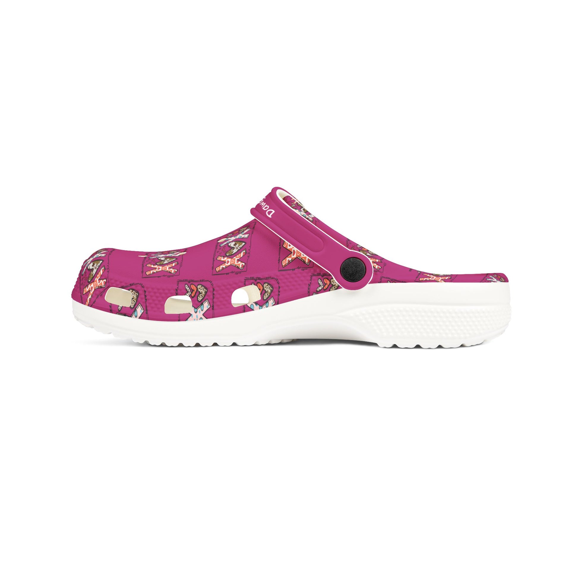 Printify cute rubber clogs for women in pink with decorative patterns and white sole