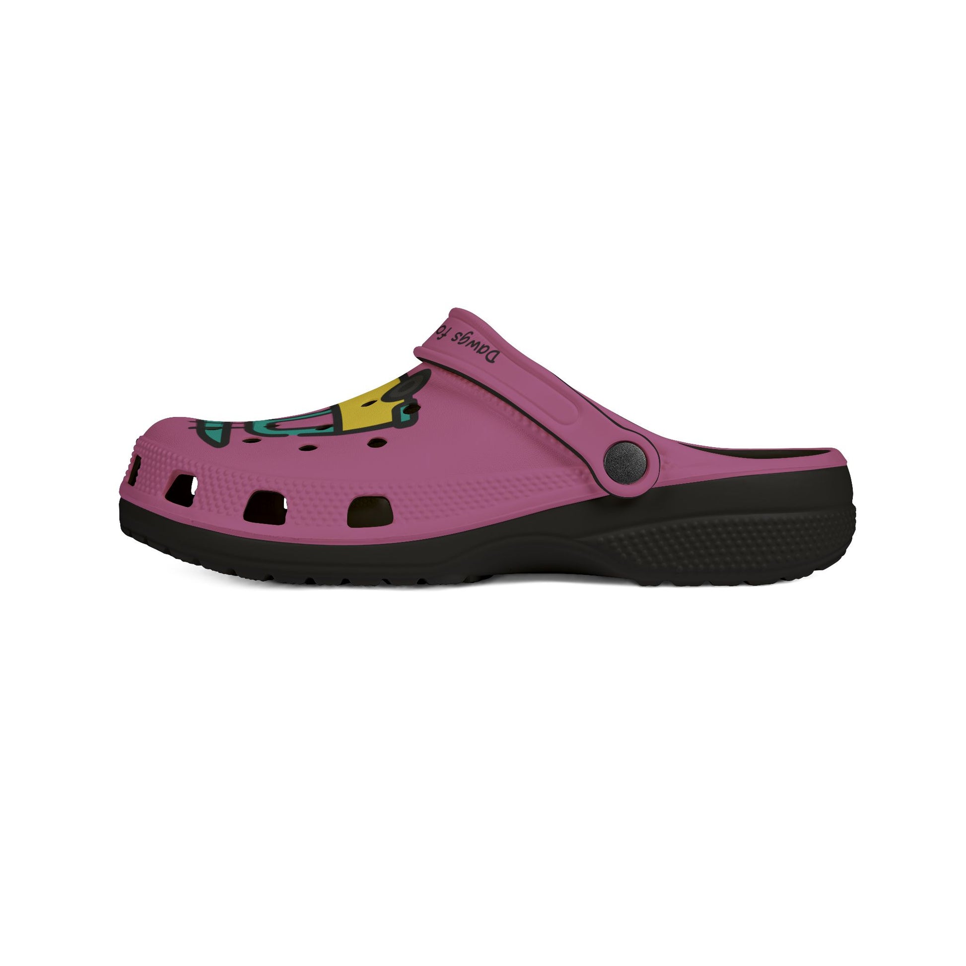 Printify cute rubber clogs for women in pink with black sole and colorful design on top