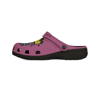 Printify cute rubber clogs for women in pink with black sole and colorful design on top