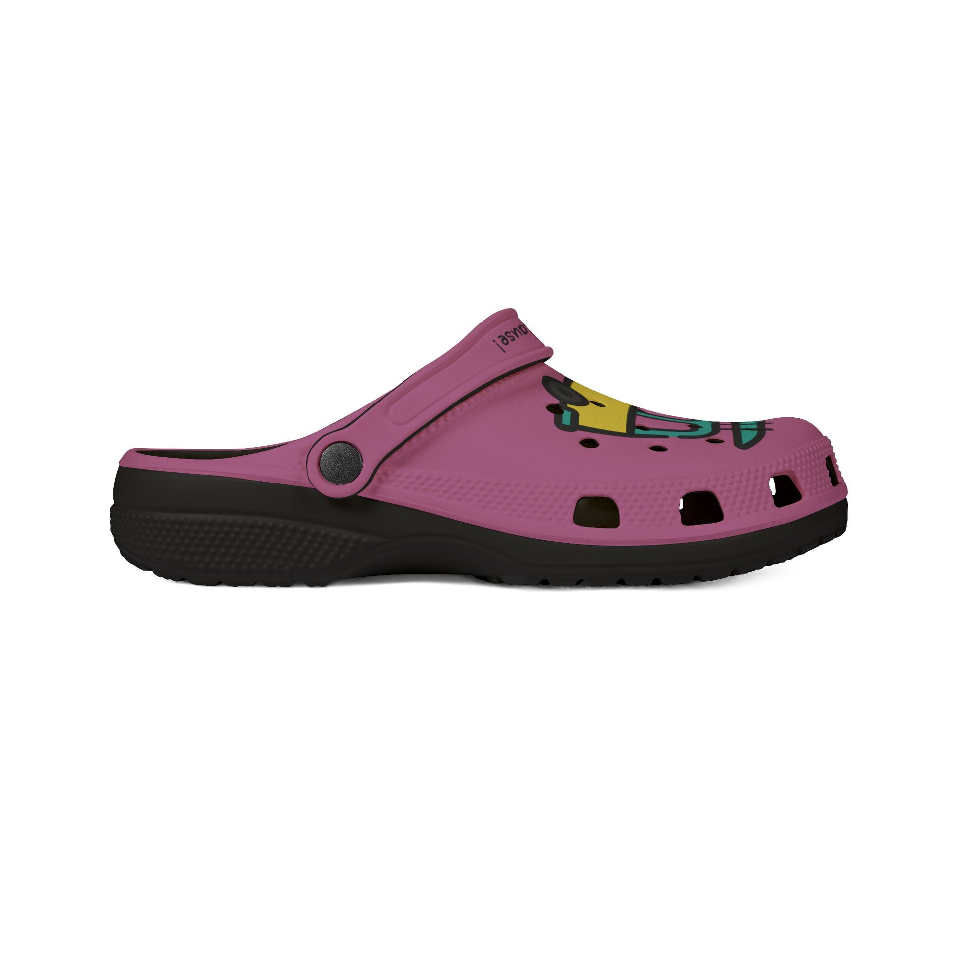 Printify pink cute rubber clogs for women with black sole and colorful graphic design