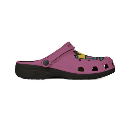 Printify pink cute rubber clogs for women with black sole and colorful graphic design