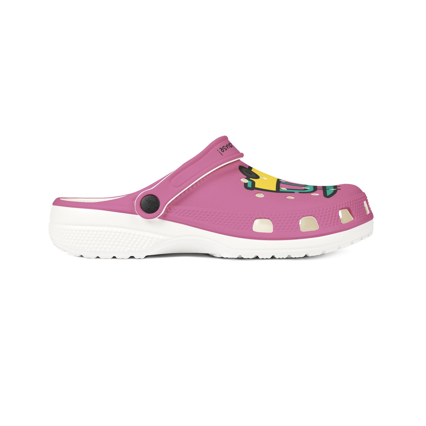 Printify pink cute rubber clogs for women with colorful cartoon design and white sole