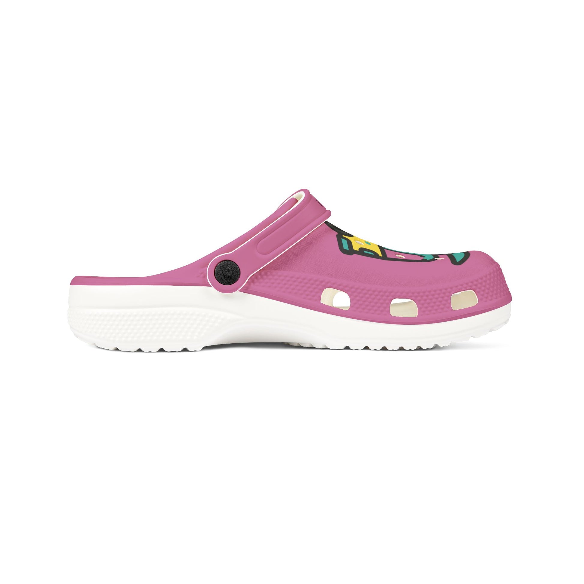 Pink cute rubber clogs for women by Printify with adjustable strap and ventilation holes