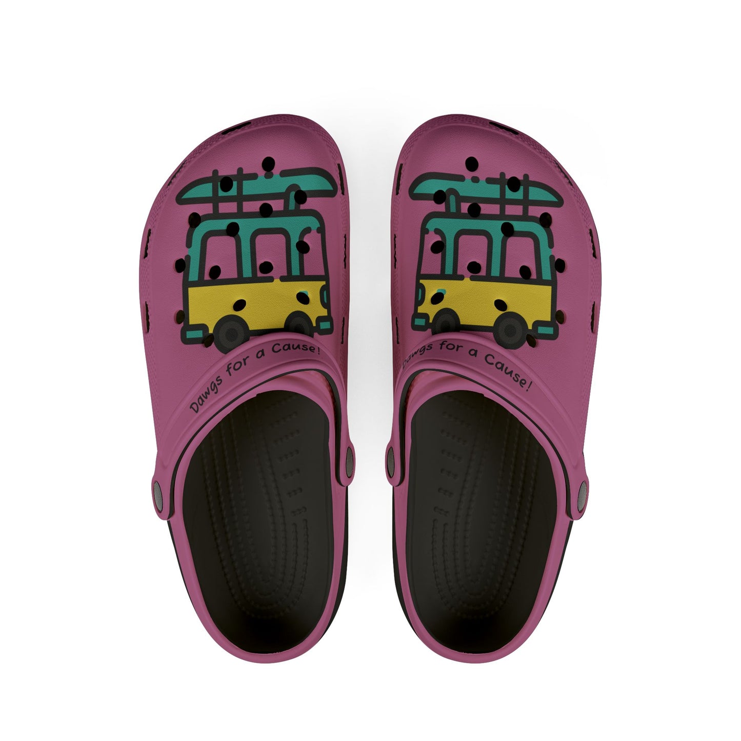 Printify cute rubber clogs for women in purple with colorful bus design and comfortable fit