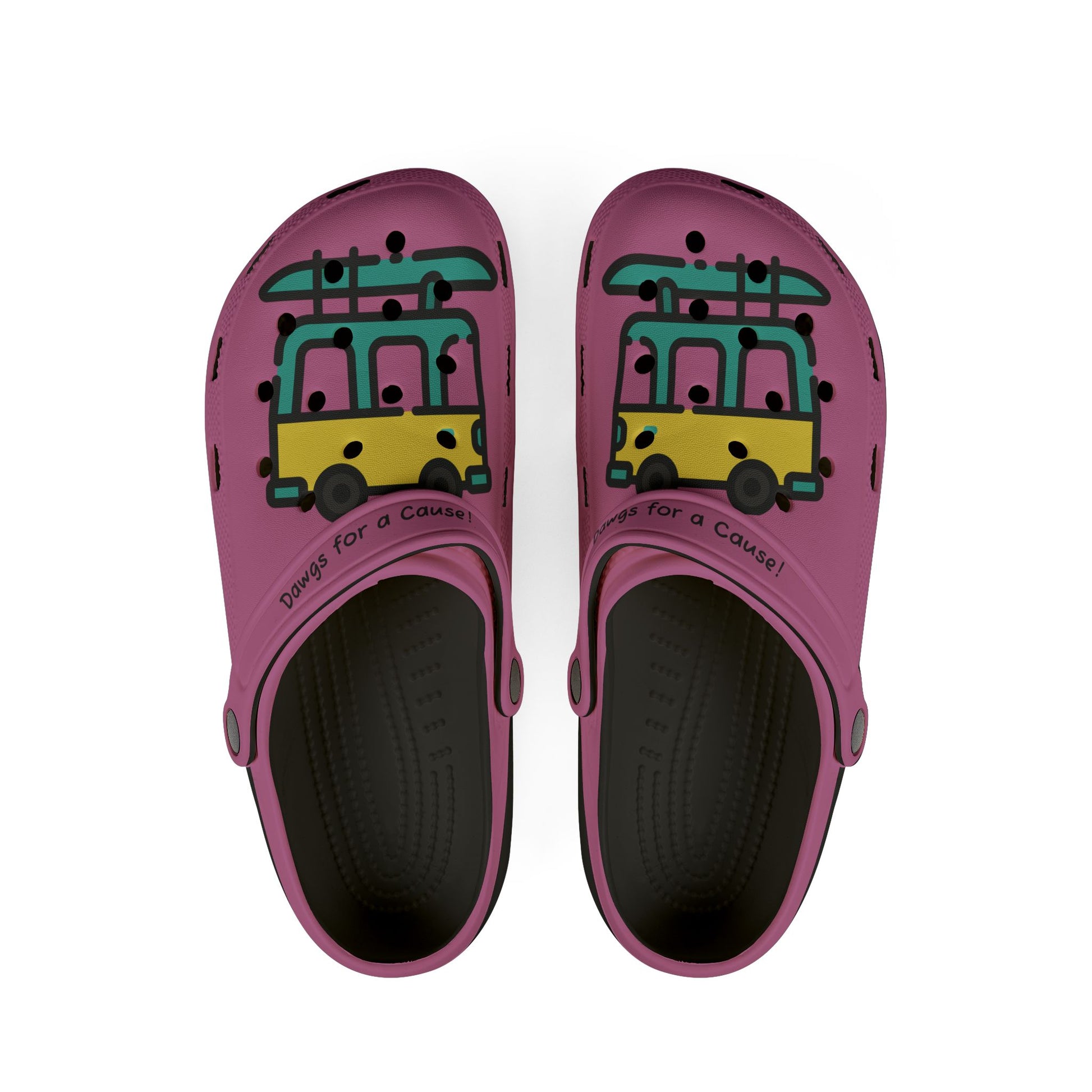 Printify cute rubber clogs for women in purple with colorful bus design and comfortable fit