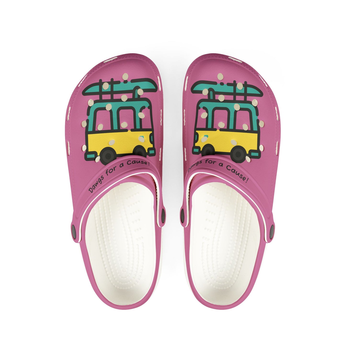 Printify cute rubber clogs for women in pink with yellow car and surfboard design