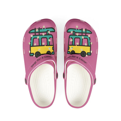 Printify cute rubber clogs for women in pink with yellow car and surfboard design
