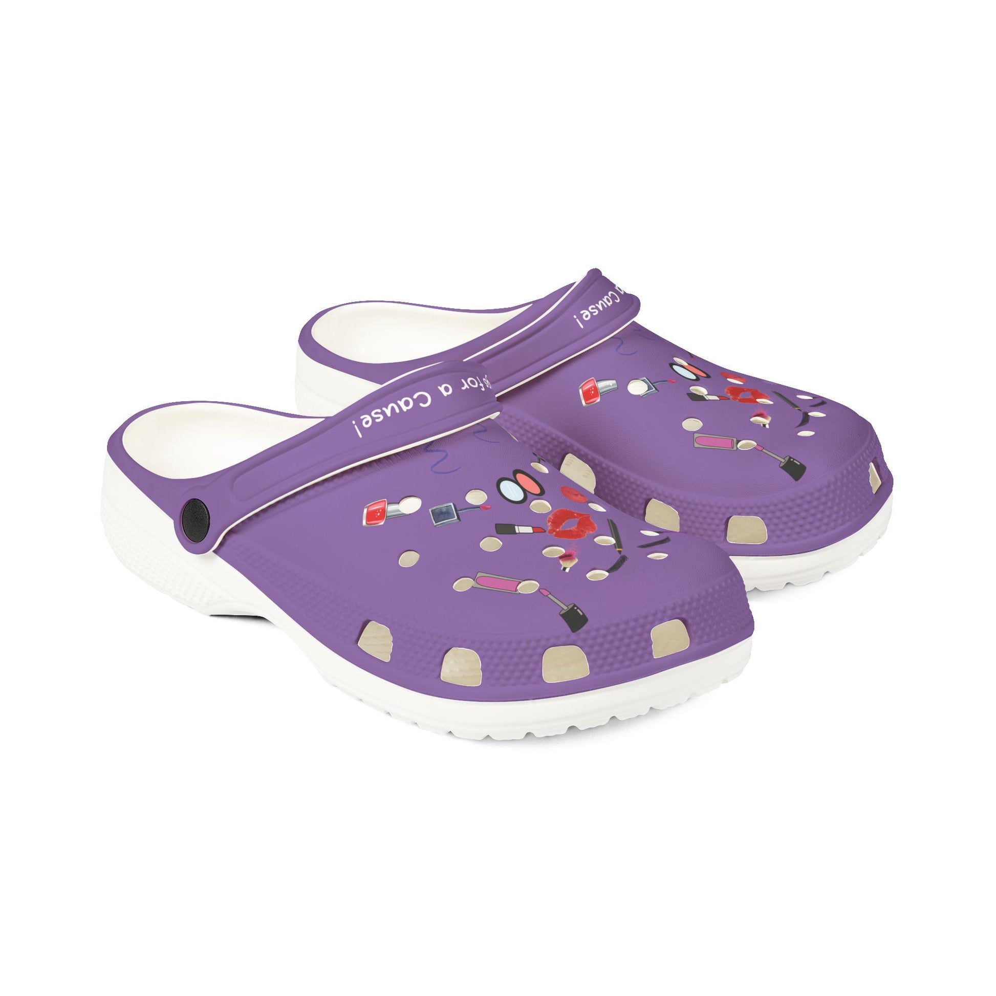 Purple cute rubber clogs for women with makeup design and adjustable strap by Printify