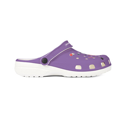 Purple cute rubber clogs for women with white sole and decorative ventilation holes