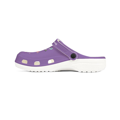 Printify cute rubber clogs for women in purple with white sole and adjustable heel strap