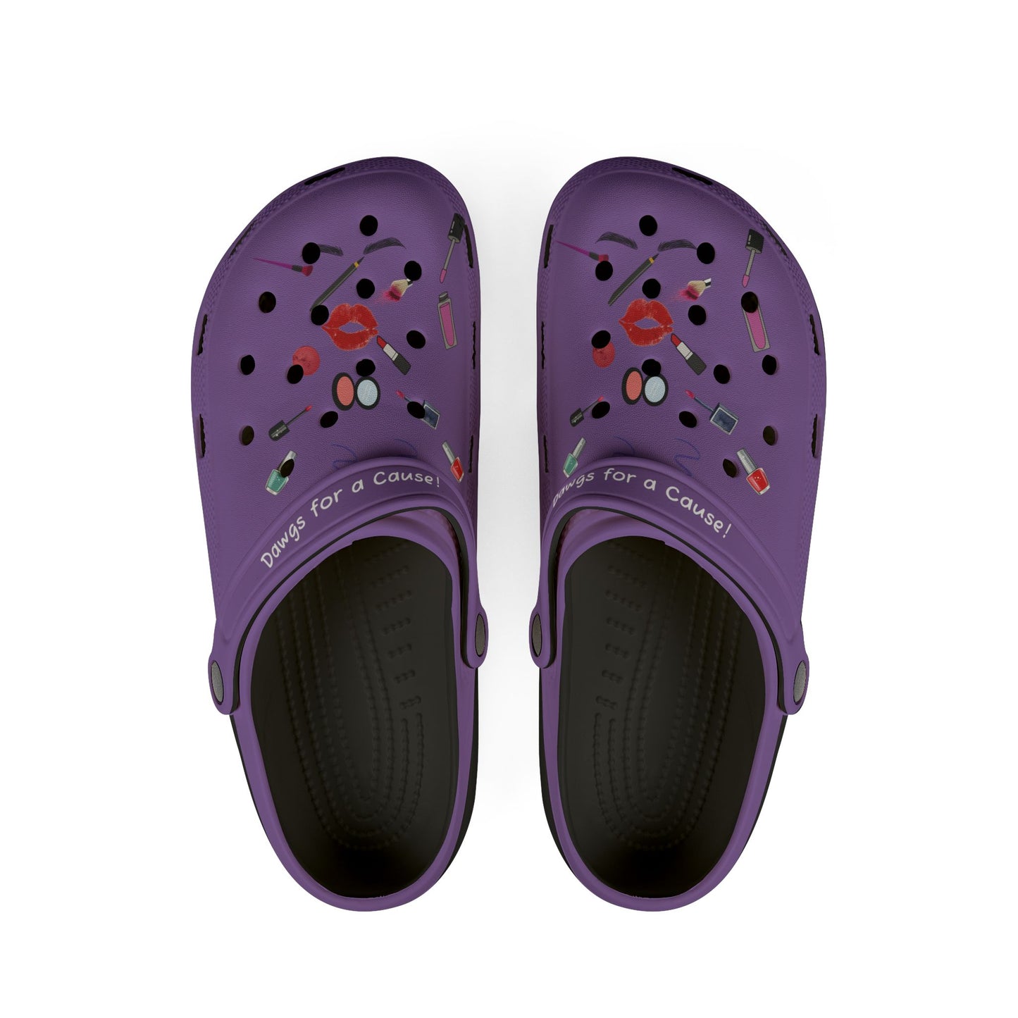 Printify cute rubber clogs for women in purple with makeup pattern and adjustable heel straps