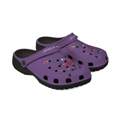 Printify purple cute rubber clogs for women with decorative nail polish and lipstick design