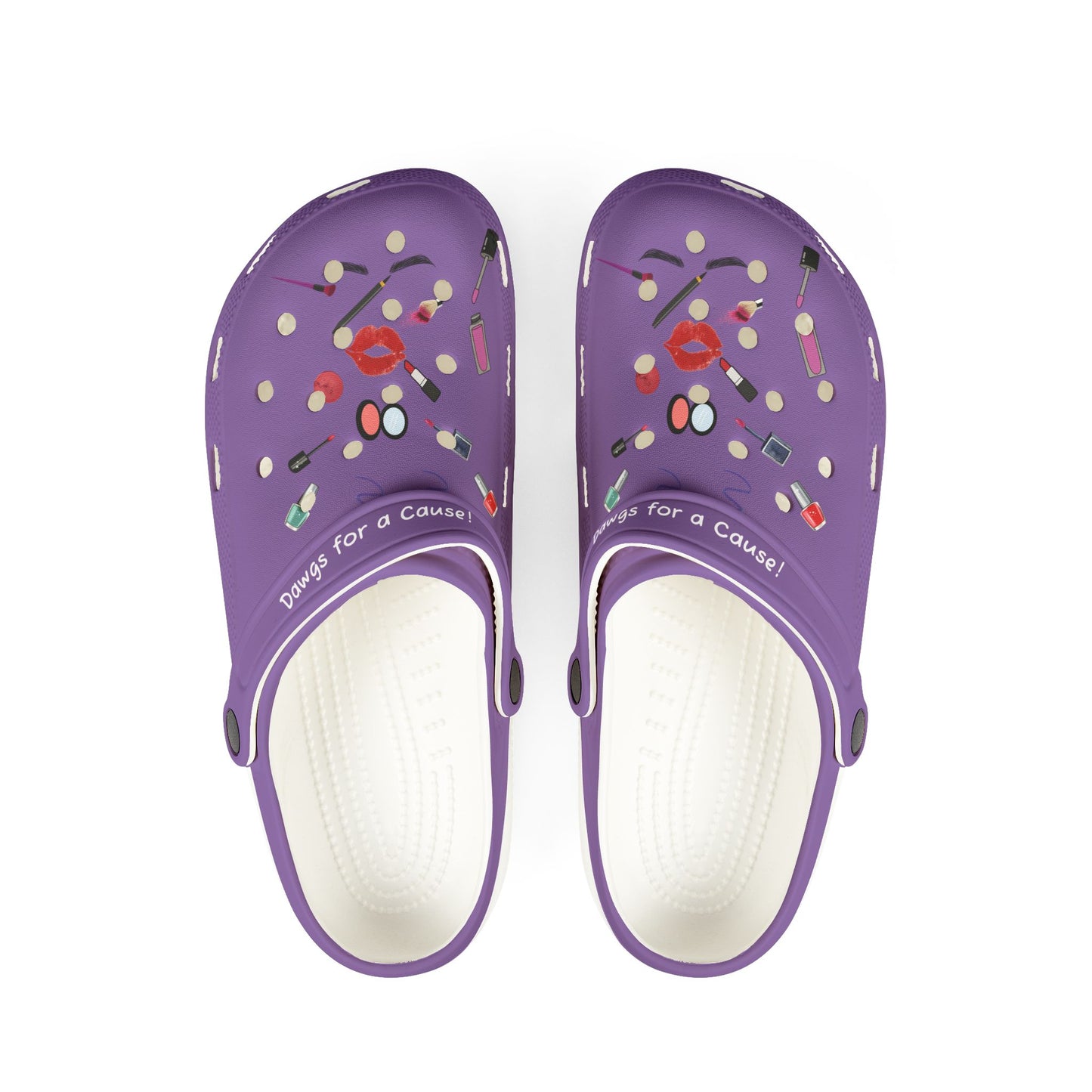Purple cute rubber clogs for women with makeup print and cushioned soles by Printify