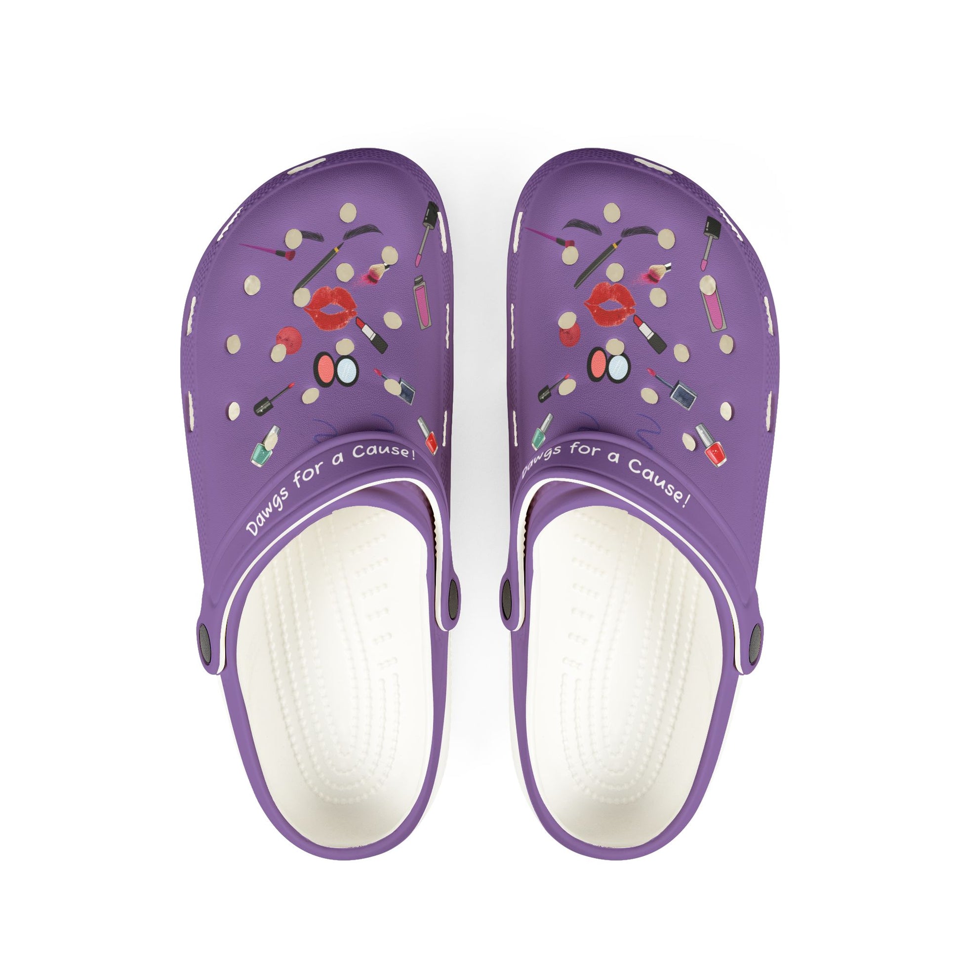 Purple cute rubber clogs for women with makeup print and cushioned soles by Printify